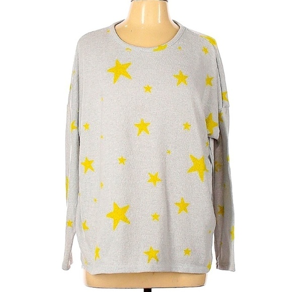 Yellow star print gray pullover sweater long sleeve women’s large pullover - Picture 1 of 5